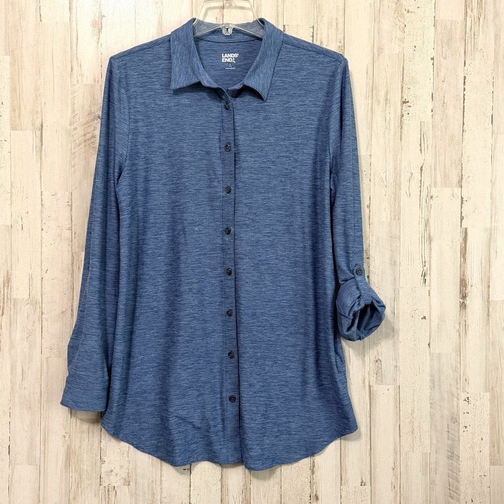 Lands End Womens Tunic L Heathered Long Roll Tab Sleeve Stretch Active Top Shirt